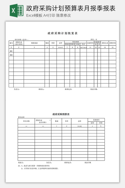 政府采购计划预算表月报季报表Excel模板下载